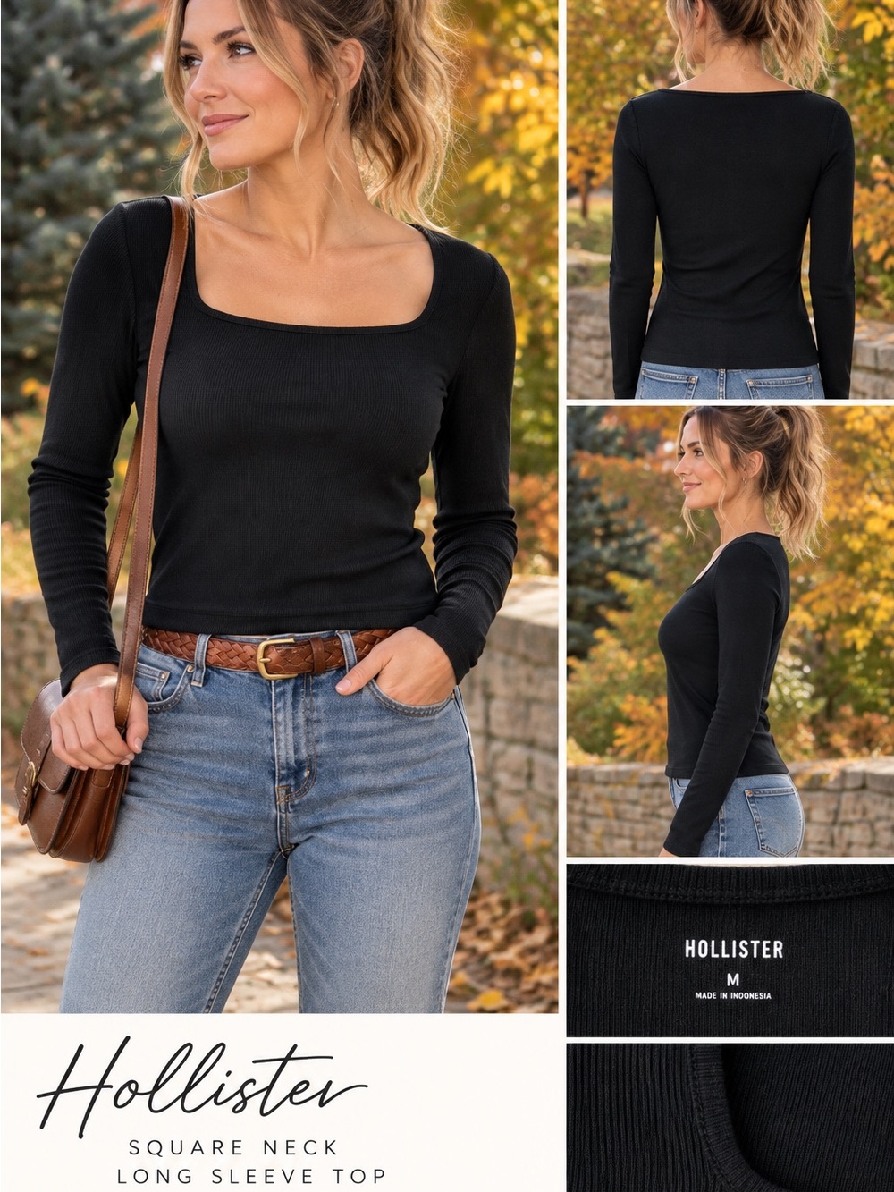 Hollister Black Square Neck Fitted Long Sleeve Top Size M
